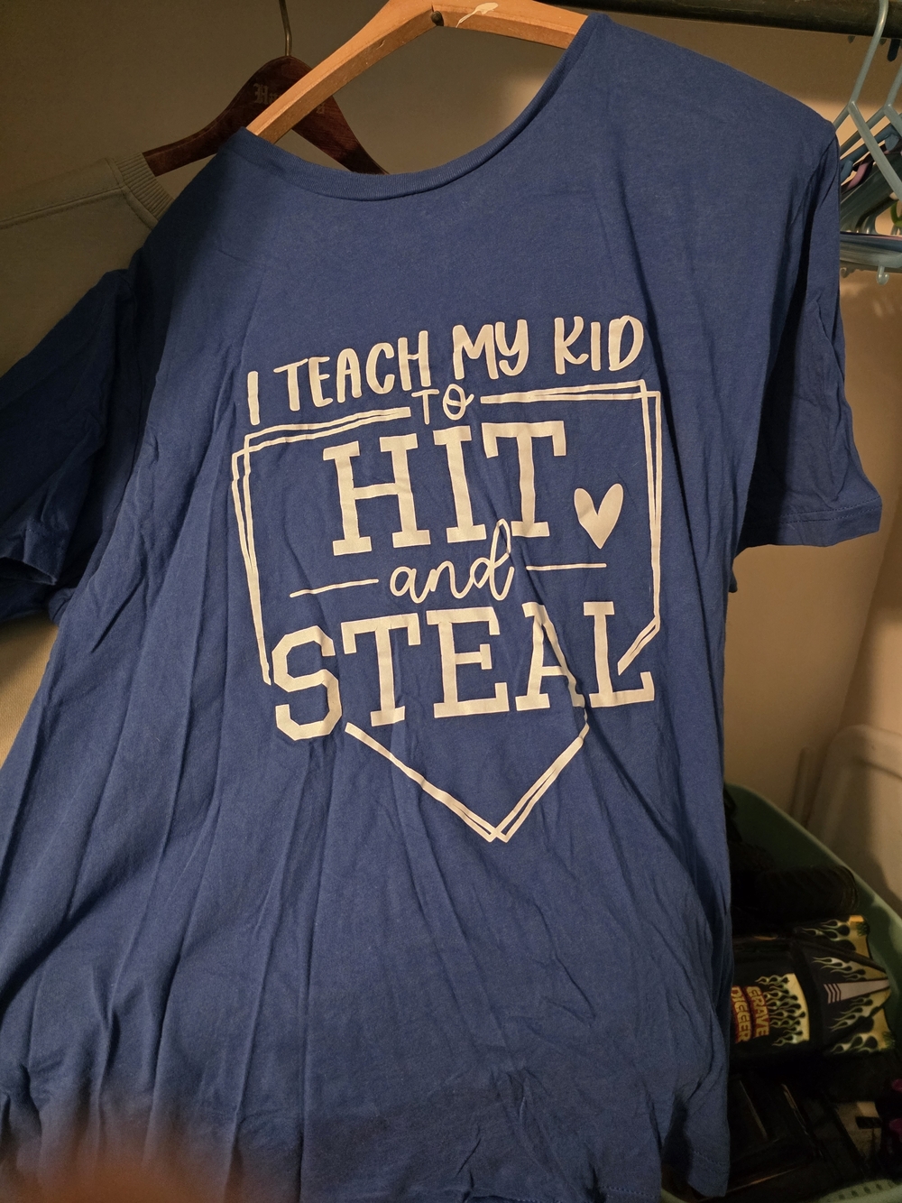 womens Blue Graphic Tee - 'I Teach My Kid to Hit and Steal'